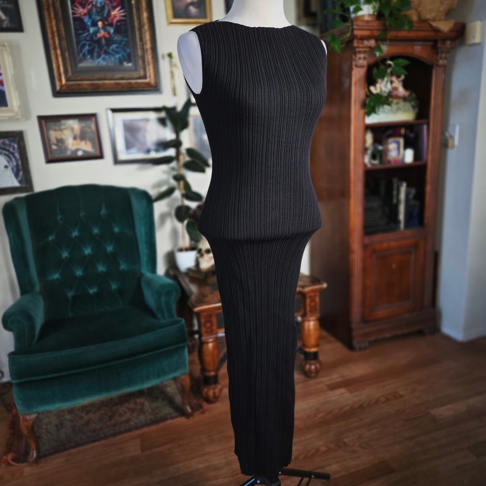 Quince Maxi Dress Black Ribbed Knit Sleeveless Bodycon Stretchy Minimalist Chic